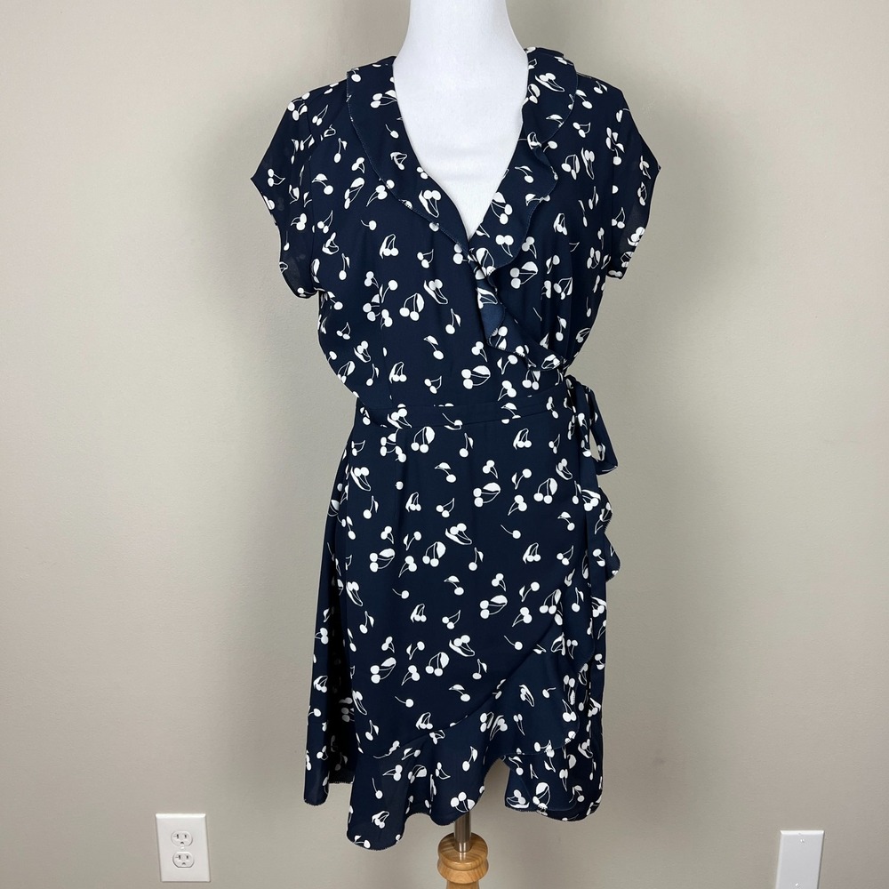 Sunday Best Wrap Dress 6 Aritzia Savoy Cherry Print Navy Blue Ruffle Feminine